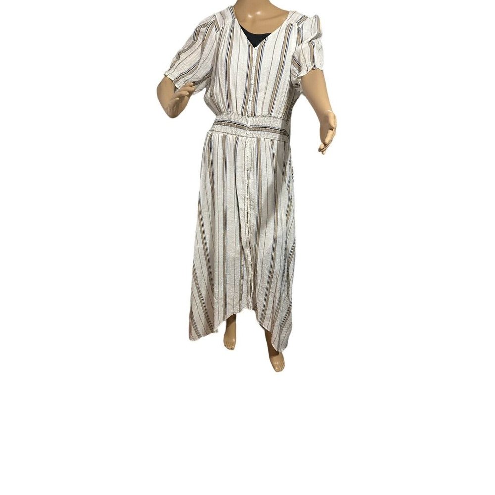 DM Fashion Dress with vertical Stripes of White, blue and Tan Colors